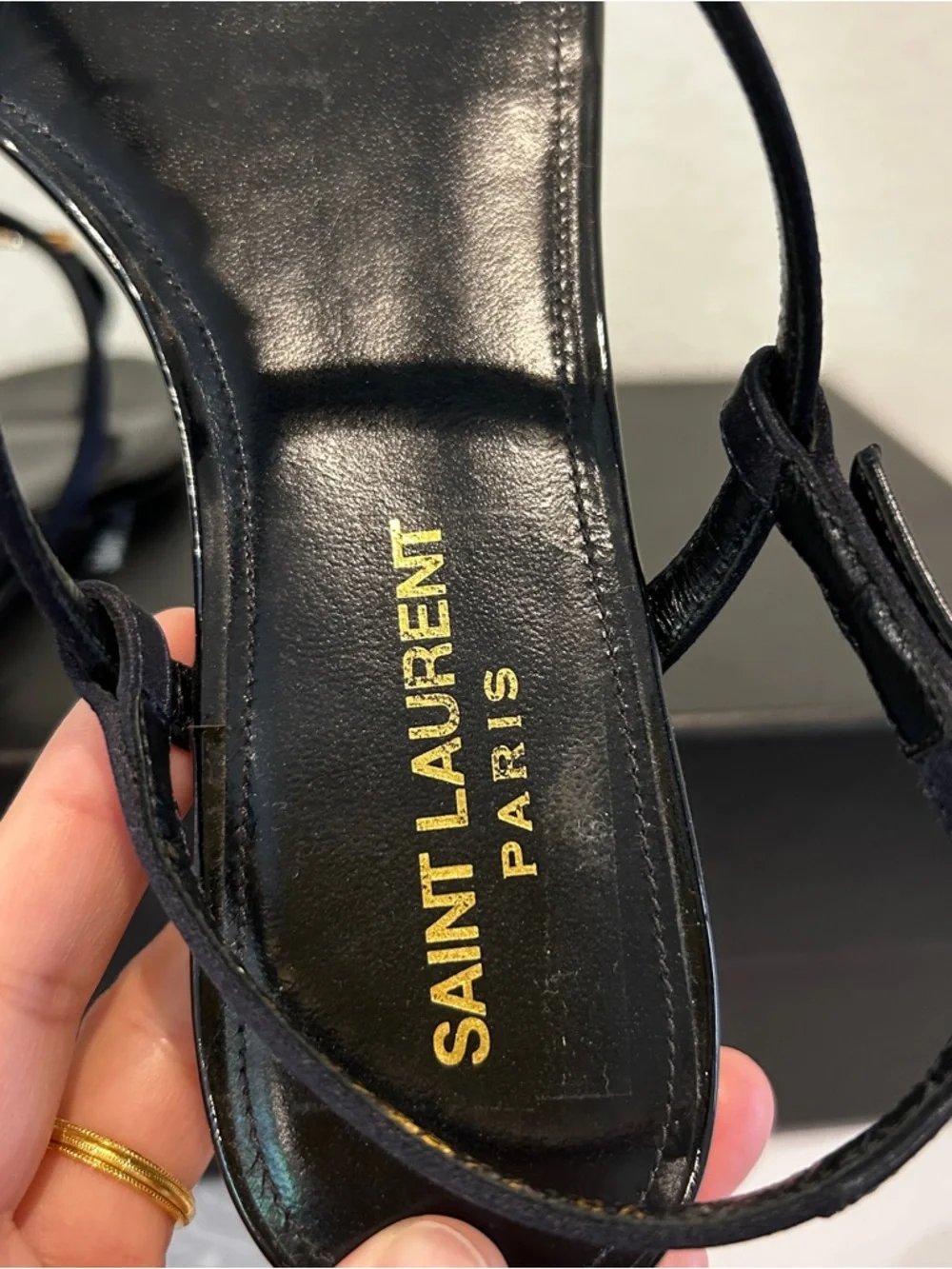 NIB Saint Laurent Cassandra Slingback Thong Flat Sandals Navy, Size 36.5, $990